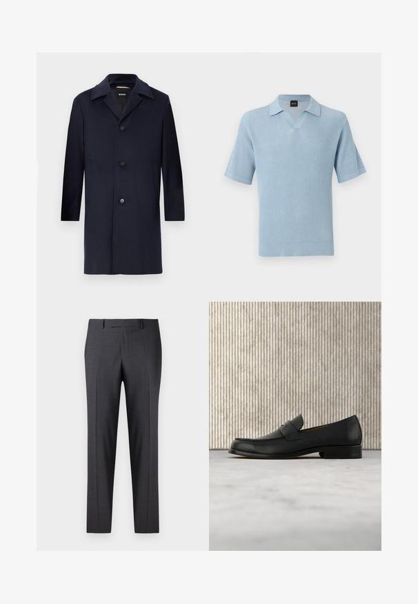Navyblauer Wollmantel mit gerader Silhouette, großen Revers, Knopfverschluss, seitlichen Taschen und glatter Textur. Für formelle Anlässe entworfen.; Hellblaues kurzärmeliges Strick-Poloshirt mit gerippter Struktur, offenem V-Ausschnitt und BOSS Markenlabel innen am Kragen.; Maßgefertigte dunkelgraue Hosen aus einem glatten, strukturierten Stoff; mit flacher Vorderseite und geraden Beinen; minimalistisches Design ohne sichtbare Akzente.; Schwarzer Leder-Slipper schwebt über einem beigen Teppich, im Hintergrund ein glänzender, runder brauner Tisch.