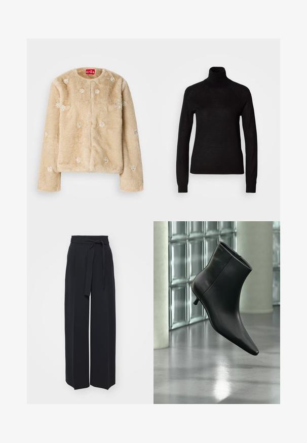 Veste en fausse fourrure beige avec encolure ronde et fermeture à l'avant. Décorée d'ornements argentés répartis de manière homogène sur le tissu.; Pull à col roulé noir en tissu tricot léger. Avec des manches longues et une silhouette ajustée dotée de coutures raglan.; Pantalons noirs à jambes larges en tissu doux. Dotés d'une taille ceinturée et de plis avant. Texture lisse avec un design épuré et contemporain.; Bottine en cuir noir à bout pointu et petit talon kitten, présentée en angle devant un sol poli et un mur en blocs de verre.