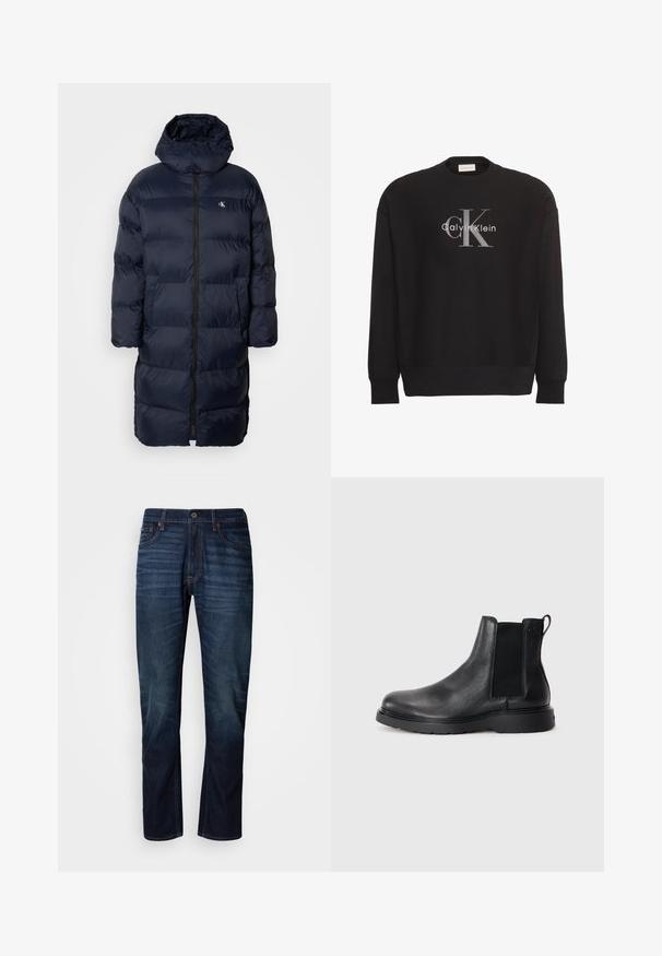 Marineblauer Steppmantel mit Kapuze, ausgestattet mit einem durchgehenden Reißverschluss, gestepptem Design und einem kleinen Logo auf der Brust. Zwei Fronttaschen.; Schwarzer Langarm-Sweatshirt mit großem grauem "cK"-Textlogo und weißem "Calvin Klein"-Textlogo, mittig vorne platziert.; Dunkelblaue gerade geschnittene Jeans mit verblassten horizontalen Linien an den Oberschenkeln, Frontknopfverschluss und klassischem Fünf-Taschen-Design.; Schwarze Leder-Chelsea-Boots mit strukturiertem Finish, elastischen seitlichen Einsätzen und einer robusten Gummisohle. Dezentes Branding an der Ferse.
