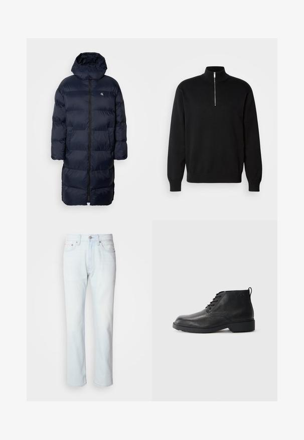 Marineblauer Steppmantel mit Kapuze, ausgestattet mit einem durchgehenden Reißverschluss, gestepptem Design und einem kleinen Logo auf der Brust. Zwei Fronttaschen.; Schwarzer Zip-Kragen-Pullover aus glattem Stoff, mit hohem Kragen und langen Ärmeln, mit einem dezenten Logo auf der Brust.; Hellblaue Jeans mit geradem Bein. Verfügt über einen Knopfverschluss und Gürtelschlaufen, präsentiert eine ausgebleichte Textur und minimale Nähte.; Schwarze Lederstiefel mit strukturierter Oberfläche, runder Zehenpartie, Schnürung vorne und einer robusten Gummisohle. Verfügt über eine kleine Zuglasche an der Rückseite.