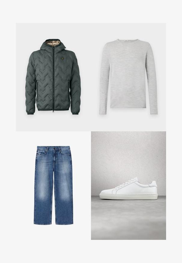Veste matelassée vert foncé avec capuche, dotée d'une fermeture éclair, d'un matelassage en chevrons et de poignets élastiques. Doublée d'un matériau beige contrastant.; Chemise à manches longues grise en tissu doux et texturé, avec un col rond et une coupe droite, sans motifs ni accents visibles.; Jean en denim bleu délavé, coupe droite, avec cinq poches et fermeture par boutons, présenté à plat sur fond blanc.; Sneaker blanche avec une tige en cuir lisse et un profil bas. Présente un bout arrondi, six œillets et une semelle en caoutchouc texturé.