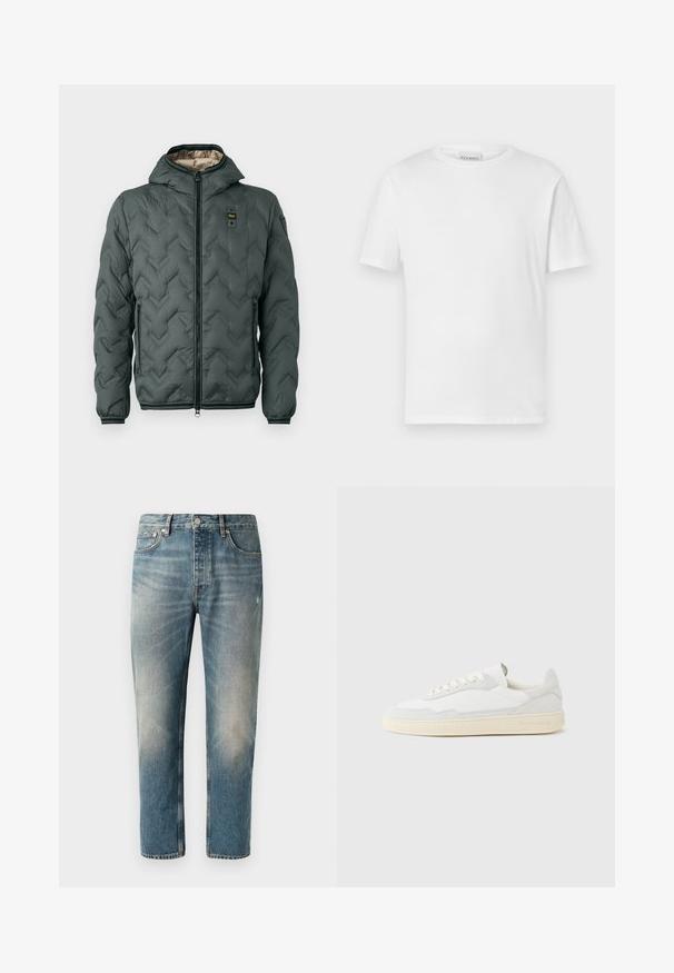 Veste matelassée vert foncé avec capuche, dotée d'une fermeture éclair, d'un matelassage en chevrons et de poignets élastiques. Doublée d'un matériau beige contrastant.; T-shirt blanc à manches courtes en coton. Présente un col rond et un ourlet droit. Sans motifs ni embellissements. Design simple.; Jean en denim bleu clair avec une coupe droite. Comprend une fermeture à bouton, cinq poches, et des zones légèrement décolorées ainsi que des marques d'usure au niveau des cuisses.; Baskets blanches avec dessus en daim et cuir texturé. Caractérisées par un bout arrondi, une fermeture à lacets et une semelle en caoutchouc beige contrastante.