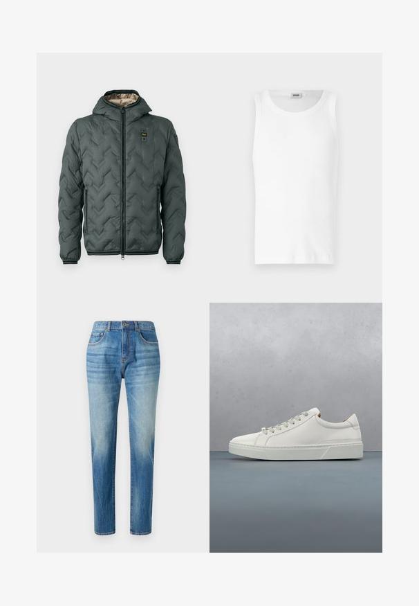 Veste matelassée vert foncé avec capuche, dotée d'une fermeture éclair, d'un matelassage en chevrons et de poignets élastiques. Doublée d'un matériau beige contrastant.; Débardeur en coton blanc sans manches avec un col rond et une texture lisse. Design simple, sans motifs ni accents.; Jean en denim bleu clair, coupe droite, avec taille haute, décoloration subtile et style classique à cinq poches. Fermeture à bouton en métal.; Baskets en cuir blanc avec un bout arrondi, design minimaliste, lacets gris et semelle en caoutchouc gris texturé. Détails de couture subtils visibles.