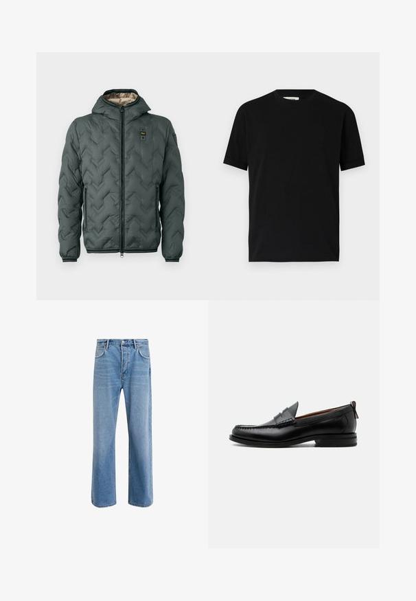 Veste matelassée vert foncé avec capuche, dotée d'une fermeture éclair, d'un matelassage en chevrons et de poignets élastiques. Doublée d'un matériau beige contrastant.; T-shirt noir à manches courtes en coton avec un col rond et une coupe ample. Texture lisse, sans motifs ni logos visibles.; Jeans en denim bleu clair avec une coupe droite, cinq poches, fermeture à bouton, peu d'usure et des détails de couture contrastés.; Mocassin homme en cuir noir avec couture moc toe, bride penny, col texturé et petit talon empilé sur fond blanc.