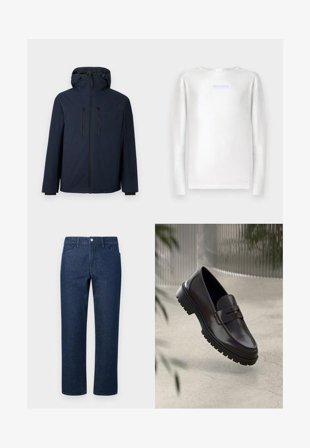 Námornícky modrá bunda s kapucňou a predným zipsom, dvoma vertikálnymi náprsníkovými vreckami a nastaviteľnou šnúrkou na kapucni.; TOM TAILOR DENIM Top s dlhým rukávom - white; Tmavomodré nohavice s rovnými nohavicami, prednými vreckami, pútkami na opasok a kovovou gombíkovou zapínaním v páse na obyčajnom pozadí.; Hnedé kožené mokasíny s textúrovanou, ryhovanou gumovou podrážkou. Obsahujú elegantný dizajn a dekoratívny remienok cez priehlavok.