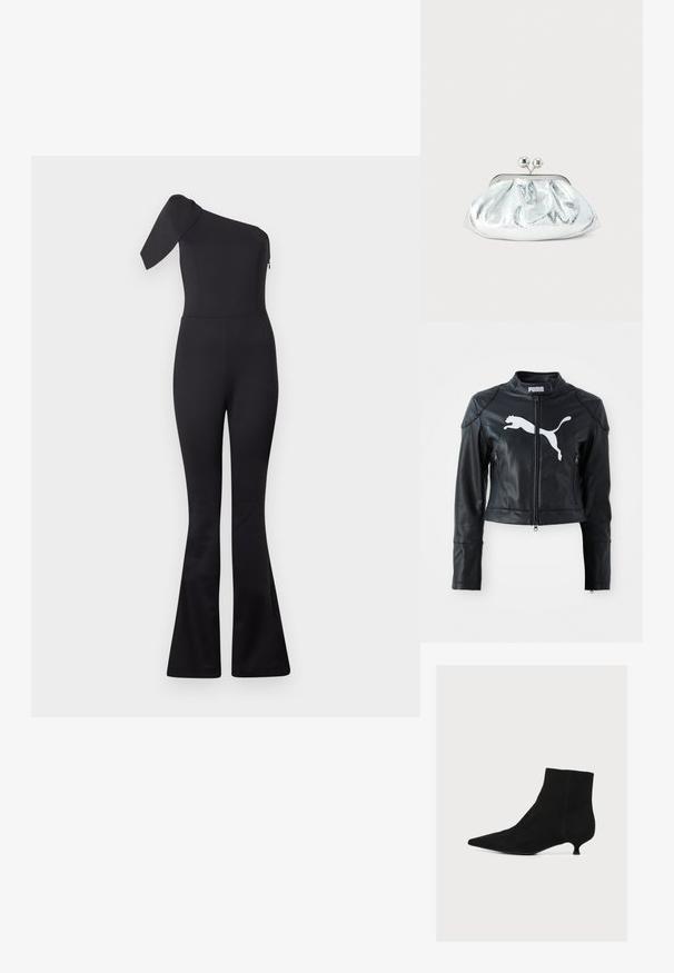 Chaqueta corta de cuero negro con cuello alzado, cremallera frontal y dos bolsillos con cremallera. Presenta un logo blanco de Puma en el pecho.; Mono negro de un solo hombro con corsé ajustado, piernas acampanadas y una manga asimétrica en el lado izquierdo.; Botín negro de ante con punta afilada y tacón bajo, mostrado de perfil sobre un fondo liso y claro.; Pequeño bolso de mano metálico plateado con diseño redondeado y fruncido y cierre de broche con dos esferas plateadas.