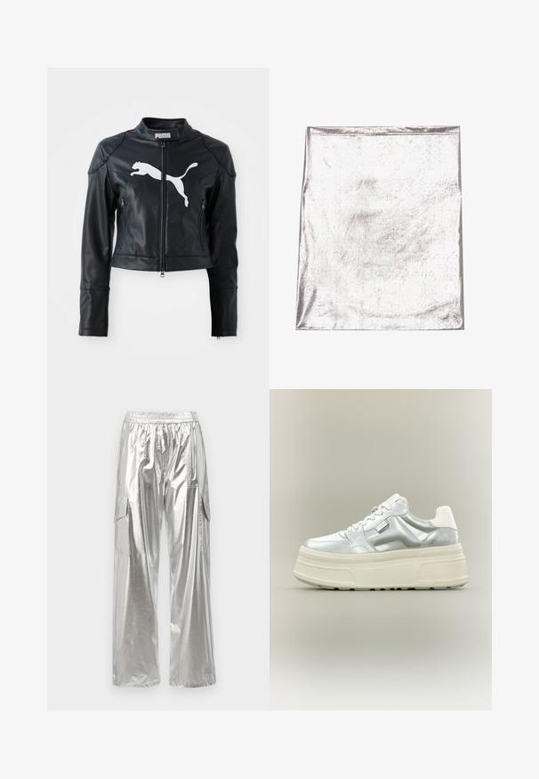 Veste cropped en cuir noir avec col montant, fermeture éclair frontale, et deux poches zippées. Présente un logo Puma blanc sur la poitrine.; Tissu argenté métallique avec une texture lisse et un léger éclat. Forme rectangulaire, bords soigneusement cousus, sans motifs ou accents marquants.; MCM METALLIC PANTS - Pantalon cargo - silver; Baskets à plateforme épaisses avec dessus argent métallisé, lacets blancs et semelle épaisse texturée crème, présentées en profil sur fond neutre.