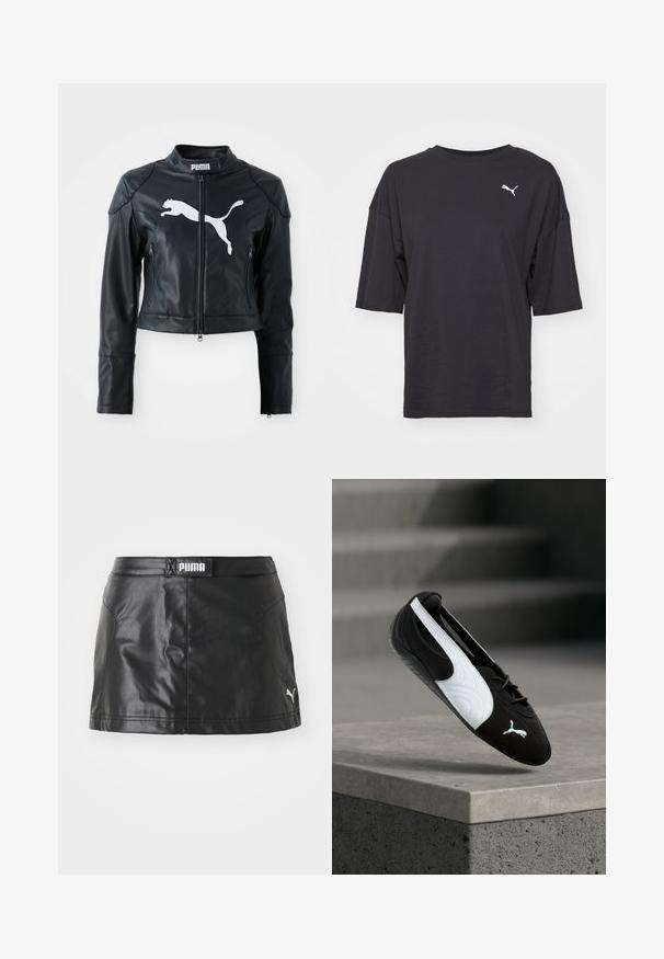Chaqueta corta de cuero negro con cuello alzado, cremallera frontal y dos bolsillos con cremallera. Presenta un logo blanco de Puma en el pecho.; Camiseta negra oversize de algodón, con mangas cortas y un cuello redondo, que presenta un logotipo blanco de Puma en el lado izquierdo del pecho.; Falda de cuero sintético negro con una textura suave, que presenta un logo de PUMA en la cintura y un pequeño logo en el dobladillo.; Zapatilla Puma en blanco y negro con cordones flotando sobre un borde de hormigón contra un fondo borroso de escaleras grises.