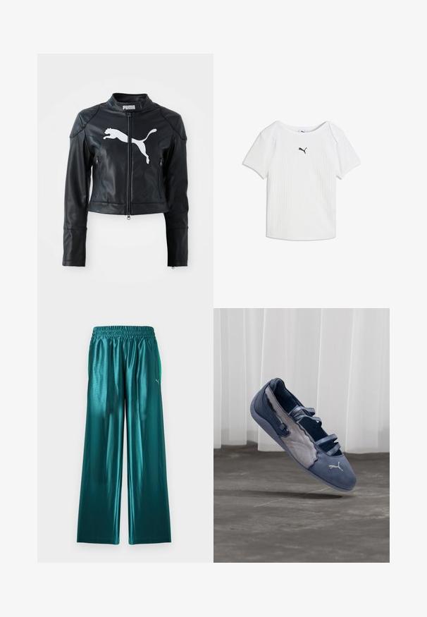 Chaqueta corta de cuero negro con cuello alzado, cremallera frontal y dos bolsillos con cremallera. Presenta un logo blanco de Puma en el pecho.; Camiseta blanca acanalada de manga corta con escote redondo y un pequeño logo negro de Puma en el centro del pecho.; Pantalones deportivos anchos y brillantes en color azul verdoso con cinturilla elástica y logo de Puma en azul verdoso claro en el muslo izquierdo.; Zapato plano Puma azul y gris con tres tiras elásticas, panel lateral texturizado y logo blanco de Puma, suspendido sobre un suelo de hormigón.