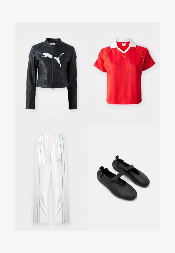 Chaqueta corta de cuero negro con cuello alzado, cremallera frontal y dos bolsillos con cremallera. Presenta un logo blanco de Puma en el pecho.; Polo shirt deportiva roja con cuello y mangas blancas, con rayas verticales y un pequeño logo dorado en el frente. Material ligero.; Pantalones deportivos blancos con cintura elástica, ribetes laterales azules, bolsillos con cremallera y logotipos en beige de "Fenty" y Puma en la pierna delantera derecha.; Par de zapatos estilo Mary Jane de cuero negro con parte trasera elástica y correa de velcro, con un sutil logo de Puma en cada punta.