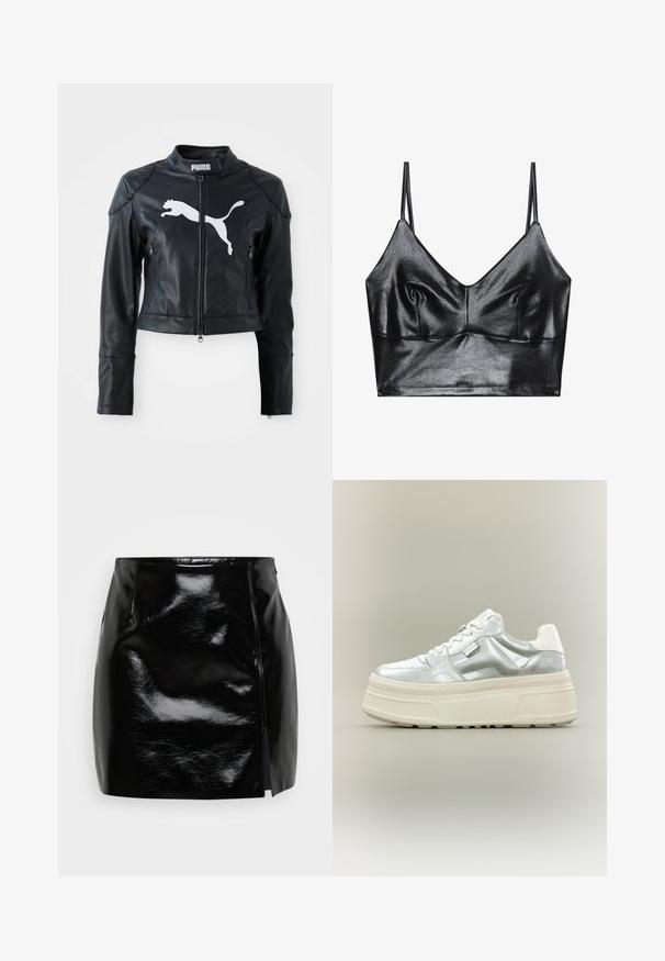 Chaqueta corta de cuero negro con cuello alzado, cremallera frontal y dos bolsillos con cremallera. Presenta un logo blanco de Puma en el pecho.; Bralette negro y brillante con tirantes delgados ajustables, que presenta un escote en V, textura suave y sutil fruncido en el busto para darle forma.; Minifalda negra hecha de material brillante. Cuenta con una cremallera lateral y una abertura en el lado derecho para un detalle y diseño adicionales. Textura suave.; Zapatilla de plataforma gruesa con parte superior metálica plateada, cordones blancos y suela gruesa texturizada de color crema, mostrada en perfil lateral sobre un fondo neutro.