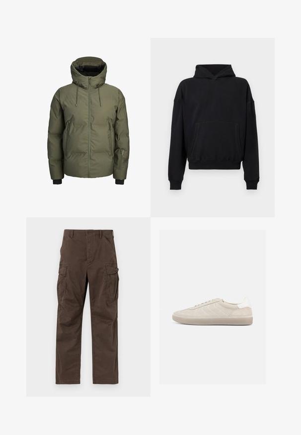 Veste d'hiver matelassée verte avec capuche, fermeture éclair frontale, deux poches latérales zippées et une petite poche zippée supplémentaire sur la manche gauche.; Sweatshirt à capuche noire, avec une poche kangourou à l'avant, des poignets et un ourlet côtelés, avec une coupe décontractée et une texture douce.; Pantalon cargo marron à jambes droites avec poches à rabat latérales, poches avant inclinées, passants pour ceinture et fermeture par bouton.; Baskets en daim beige avec une tige texturée, un contrefort de talon blanc lisse, de fines lacets et une semelle extérieure en caoutchouc. Présente un design bas profil.