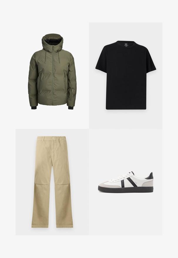 Veste d'hiver matelassée verte avec capuche, fermeture éclair frontale, deux poches latérales zippées et une petite poche zippée supplémentaire sur la manche gauche.; T-shirt noir à manches courtes avec col rond et ourlet droit, présenté à plat sur un fond gris clair.; Pantalons beiges à jambe droite avec une fermeture à bouton-pression, passants de ceinture et détails de couture aux genoux, posés à plat sur un fond blanc.; Baskets blanches avec des accents noirs et gris, présentant un embout texturé gris, une semelle en caoutchouc noir et des lacets plats blancs. Design épuré, style minimaliste.