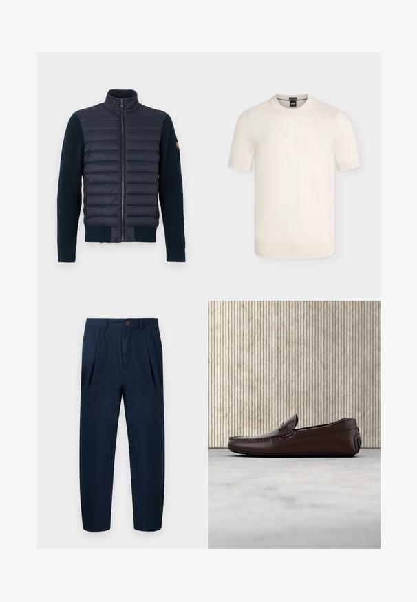 Veste bleu marine avec devant matelassé et manches en tricot. Elle présente un col montant et une fermeture éclair sur toute la longueur, avec des poignets et un ourlet côtelés.; Pull en maille crème à manches courtes avec col rond et poignets et ourlet côtelés sur un fond uni.; Pantalon bleu marine ajusté avec passants pour ceinture, bouton à l'avant, fermeture éclair et poches latérales, présenté à plat sur un fond blanc.; Mocassins en cuir marron avec une finition lisse, des coutures de style mocassin, un bout rehaussé et une semelle en caoutchouc basse et flexible.