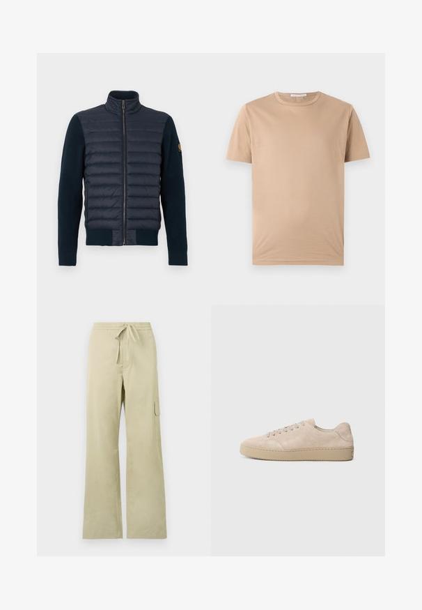 Veste bleu marine avec devant matelassé et manches en tricot. Elle présente un col montant et une fermeture éclair sur toute la longueur, avec des poignets et un ourlet côtelés.; T-shirt beige à manches courtes avec col rond, ourlet droit et petite étiquette de marque à l'intérieur du col.; Pantalons cargo larges beige clair avec une taille élastique et un cordon de serrage, comportant des poches latérales et une poche cargo unique.; Baskets en daim beige avec un bout rond, des lacets plats et une semelle en caoutchouc texturé. Design minimaliste avec des bords lisses et des coutures discrètes.