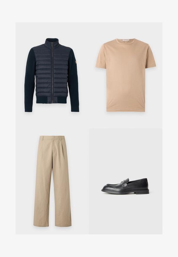 Veste bleu marine avec devant matelassé et manches en tricot. Elle présente un col montant et une fermeture éclair sur toute la longueur, avec des poignets et un ourlet côtelés.; T-shirt beige à manches courtes avec col rond, ourlet droit et petite étiquette de marque à l'intérieur du col.; Pantalon beige à jambes larges avec passants de ceinture, fermeture éclair devant, et plis, présenté sur fond blanc.; Mocassins en cuir noir avec une finition texturée, dotés d'une bride décorative à l'avant et d'un bout arrondi. Semelle en caoutchouc pour plus de durabilité.