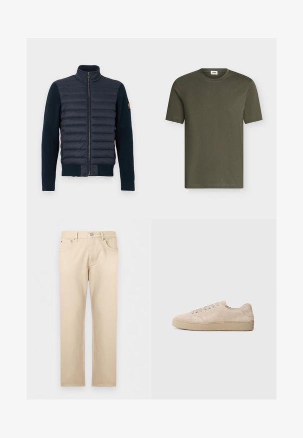Veste bleu marine avec devant matelassé et manches en tricot. Elle présente un col montant et une fermeture éclair sur toute la longueur, avec des poignets et un ourlet côtelés.; T-shirt uni vert olive à manches courtes avec un col rond et une petite étiquette blanche à l'intérieur du col sur fond blanc.; Jean beige à jambes droites avec bouton et fermeture éclair à l'avant, poches avant et arrière, étalé à plat sur un fond clair.; Baskets en daim beige avec un bout rond, des lacets plats et une semelle en caoutchouc texturé. Design minimaliste avec des bords lisses et des coutures discrètes.