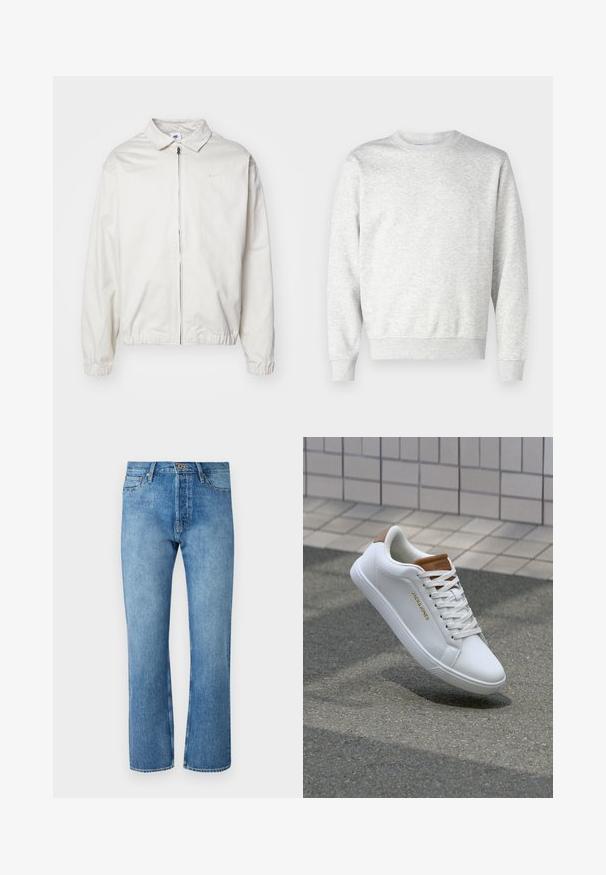 Biela, ľahká bunda Nike s golierom, predným zipsom, elastickými manžetami a malým logom na ľavej strane hrudníka. Hladká textúra.; Sivý mikina vyrobená z mäkkej textílie. Má okrúhly výstrih, dlhé rukávy, rebrované manžety a rebrovaný lem. Jednoduchý, bez ozdôb dizajn.; Svetlomodré riflové nohavice s rovnými nohavicami, ktoré majú klasický dizajn s piatimi vreckami, zapínanie na gombík a kontrastné prešívanie.; Biele kožené tenisky s hladkým povrchom, svetlohnedý akcent na päte, zlaté logo na boku a gumová podrážka s textúrovaným gripom.