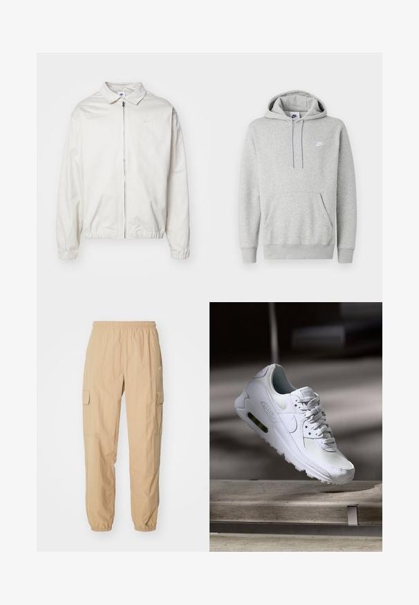 Λευκή, ελαφριά ζακέτα Nike με γιακά, μπροστινό φερμουάρ, ελαστικές μανσέτες και μικρό λογότυπο στο αριστερό στήθος. Απαλή υφή.; Ανοιχτό γκρι φούτερ με κουκούλα από απαλό ύφασμα, με τσέπη καγκουρό, ρυθμιζόμενη κουκούλα με κορδόνι και μικρό λευκό λογότυπο στο στήθος.; Μπεζ cargo παντελόνι κατασκευασμένο από ελαφρύ ύφασμα, με ελαστική μέση, δύο πλαϊνές τσέπες και ελαστικές μανσέτες στους αστραγάλους.; Λευκό αθλητικό παπούτσι Nike Air Max 90 με άνω μέρος από διχτυωτό και δερμάτινο υλικό, τρυπητό μπροστινό μέρος και ορατή μονάδα αέρα στη φτέρνα.