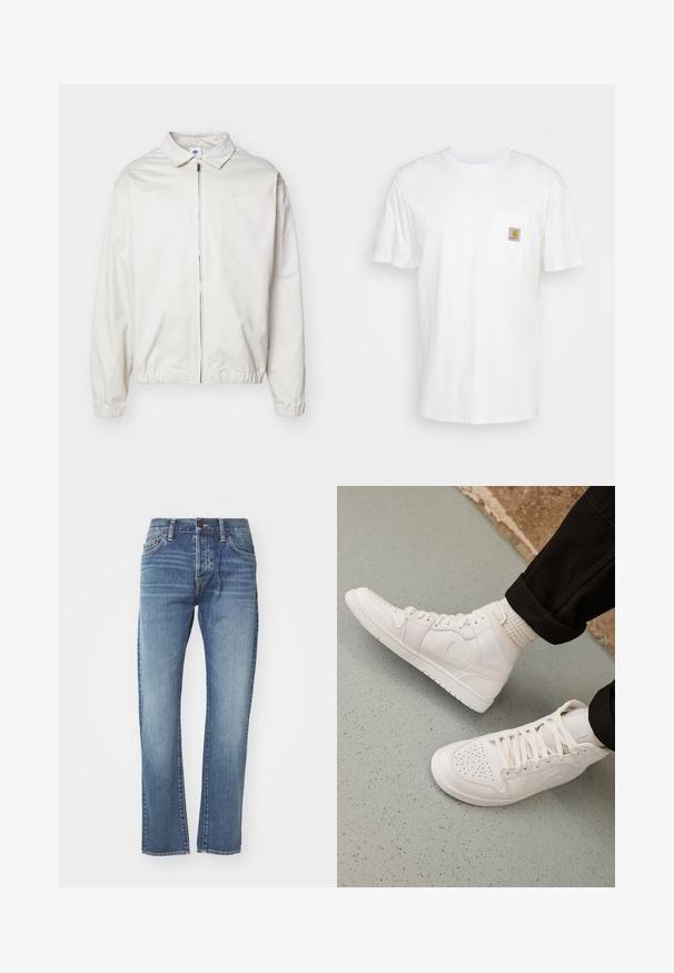 Hvid, letvægts Nike-jakke med kravehals, lynlås foran, elastiske ærmer og et lille logo på venstre bryst. Glat tekstur.; Hvid bomulds T-shirt med korte ærmer, en brystlomme, og et lille firkantet logo patch i orange og hvid på lommen.; Blå denimjeans med lige snit, der har en medium vask, fem lommer og subtil falmning. Inkluderer et klassisk beltsøm og bæltestropper.; Hvide høj-top sneakers lavet af glat læder med perforeret tå, snørelukning og subtil logo detaljer på siden. Tekstureret gummisål.