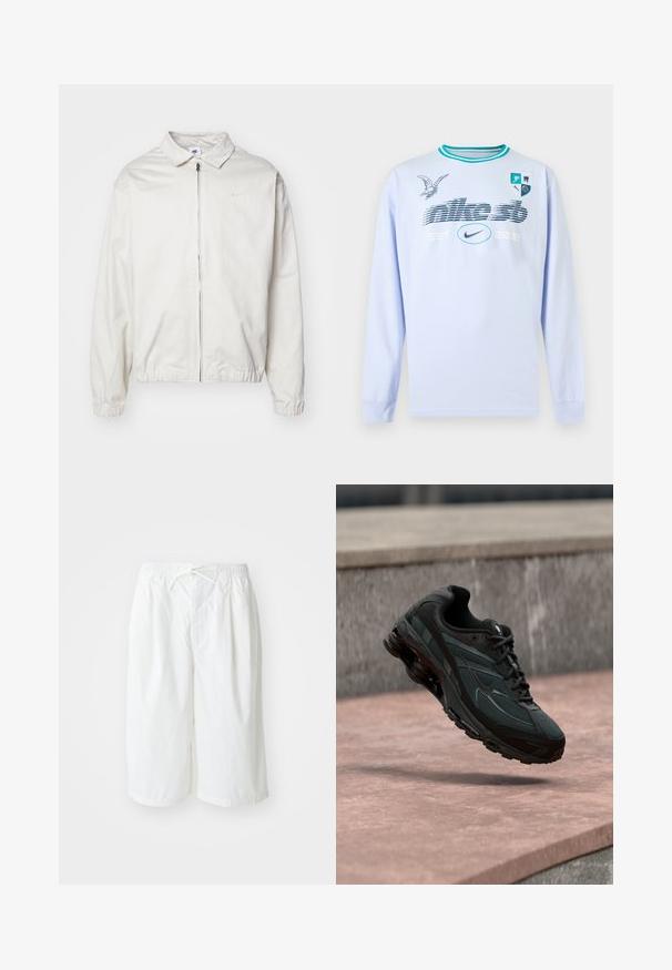 Hvid, letvægts Nike-jakke med kravehals, lynlås foran, elastiske ærmer og et lille logo på venstre bryst. Glat tekstur.; Lyseblå langærmet skjorte med turkis halsstriber, grafisk tekst "nike sb EST. 2002", Nike-logo, fugleillustration og fire-ikon skjold på brystet.; Hvide shorts med elastisk talje og snoretræk, præsenteret mod en ensfarvet lys baggrund. Egnet til afslappet eller varmt vejr.; Sort atletisk sneaker med synligt luftdæmpende mellemsål, der svæver over en pink stenoverflade med en grå stenvæg i baggrunden.