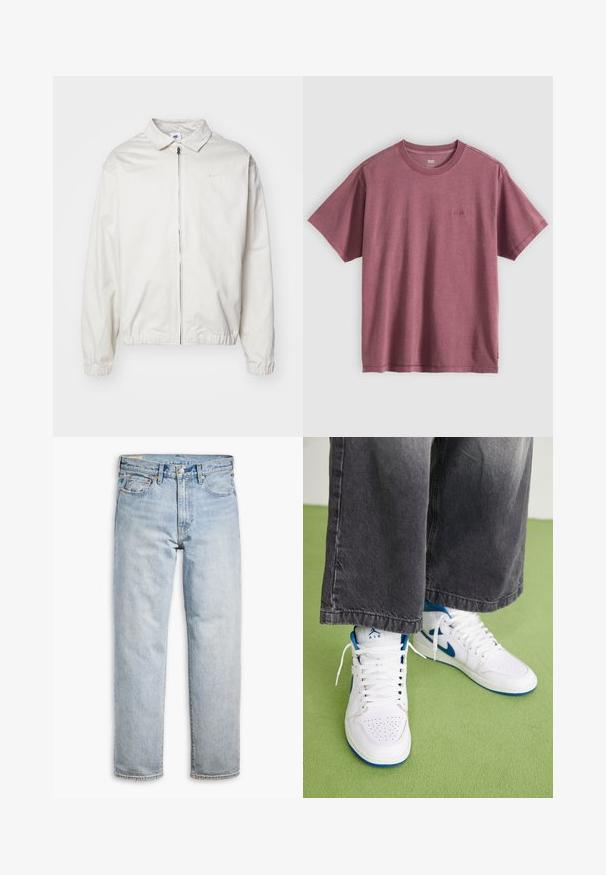 Biela, ľahká bunda Nike s golierom, predným zipsom, elastickými manžetami a malým logom na ľavej strane hrudníka. Hladká textúra.; Tričko s krátkym rukávom a okrúhlym výstrihom v tmavobordovej bavlne s jemným logom na hrudi. Hladká textúra a voľný strih.; Svetlomodré džíny, rovný strih, s gombíkovým zapínaním, päťvreckovým dizajnom a jemným vyblednutím látky.; Biele vysoké tenisky s modrými akcentmi, perforovanou špičkou a bielymi šnúrkami. Nosené s voľnými šedými džínsami na zelenej ploche.