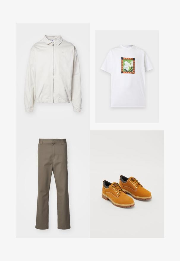Biela, ľahká bunda Nike s golierom, predným zipsom, elastickými manžetami a malým logom na ľavej strane hrudníka. Hladká textúra.; Biele tričko s krátkym rukávom a stredovým štvorcovým vzorom bielych kvetov na zelenom pozadí, rámované oranžovým a čiernym vzorovaným lemom.; Hnedé nohavice rovného strihu s pútkami na opasok, predným zipsom a bez viditeľných vreciek, vystavené na bielom pozadí.; Hnedé semišové topánky s okrúhlou špičkou, žltými šnúrkami, polstrovaným čiernym golierom a gumovou podrážkou s trakčnými drážkami.