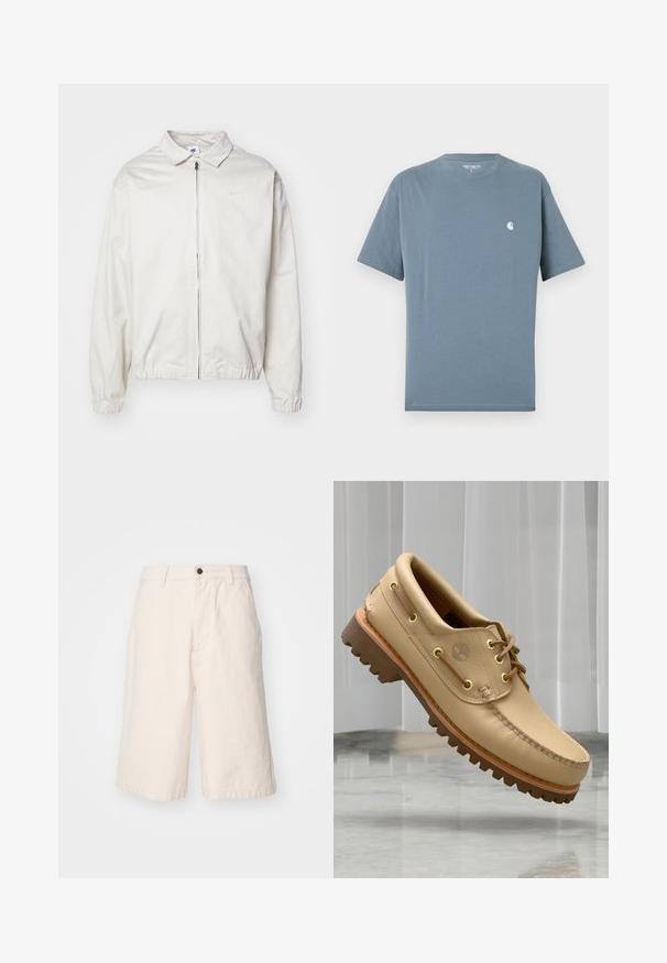 Biela, ľahká bunda Nike s golierom, predným zipsom, elastickými manžetami a malým logom na ľavej strane hrudníka. Hladká textúra.; Modré krátkorehé tričko Carhartt s okrúhlym výstrihom a malým bielym logom na ľavej strane hrudníka, veľkosť L.; Svetlo béžové bavlnené šortky so rovnomerným strihom, s gombíkovým zapínaním, bočnými vreckami a lemom, ktorý končí tesne nad kolenom.; Svetlohnedé kožené lodné topánky s hrubou, akoby ryhovanou podrážkou a detailmi šnurovania, plávajúce nad mramorovou podlahou a pozadím bielych vertikálnych roliet.