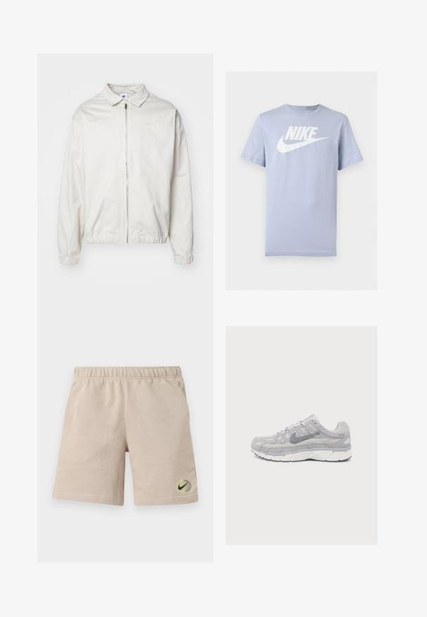 Biela, ľahká bunda Nike s golierom, predným zipsom, elastickými manžetami a malým logom na ľavej strane hrudníka. Hladká textúra.; Svetlomodré krátke bavlnené tričko s bielym logom Nike a grafikou Swoosh na hrudi, zobrazené na jednoduchom pozadí.; Béžové bavlnené šortky s elastickým pásom, bočnými vreckami a malým čiernym logom Nike Swoosh na zeleno-žltej zemeguli pri leme.; Svetlosivá bežecká obuv Nike s panelmi zo sieťoviny a semišu, hrubou bielou podrážkou a bočným logom Swoosh, zobrazená z profilu na jednoduchom pozadí.