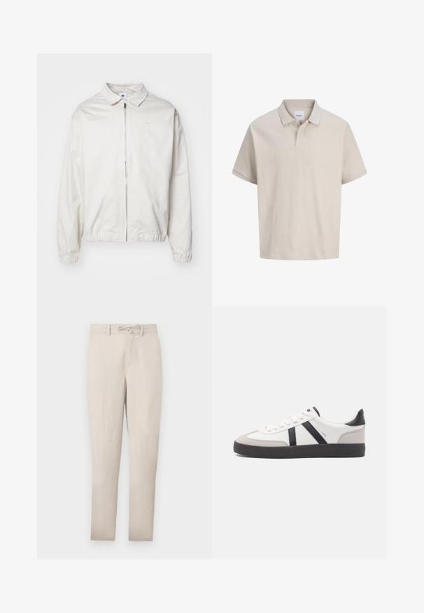 Biela, ľahká bunda Nike s golierom, predným zipsom, elastickými manžetami a malým logom na ľavej strane hrudníka. Hladká textúra.; Béžové polokošeľa s krátkym rukávom s jemnými vertikálnymi pruhmi, klasickým golierom a zapínaním na dve gombíky.; Svetlá béžová ľahká tapered nohavice s elastickým pásom, rovnými prednými časťami a minimálnymi vráskami. Obsahujú pútka na opasok a bočné vrecká.; Biele tenisky s čiernymi a šedými akcentmi, s textúrovanou šedou špičkou, čiernou gumovou podrážkou a plochými bielymi šnúrkami. Čistý dizajn, minimalistický štýl.
