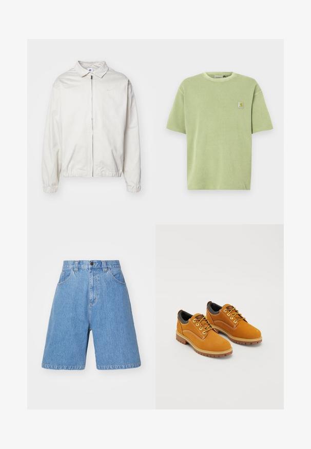 Biela, ľahká bunda Nike s golierom, predným zipsom, elastickými manžetami a malým logom na ľavej strane hrudníka. Hladká textúra.; Svetlozelené tričko s krátkym rukávom s rebrovanou textúrou a nášivkou s logom na hrudi. Voľný strih a okrúhly výstrih.; Svetlomodré denimové šortky so voľným strihom, vysokým pásom, dizajnom s piatimi vreckami a jemným vyblednutím. Obsahujú zapínanie na gombík a pútka na opasok.; Hnedé semišové topánky s okrúhlou špičkou, žltými šnúrkami, polstrovaným čiernym golierom a gumovou podrážkou s trakčnými drážkami.