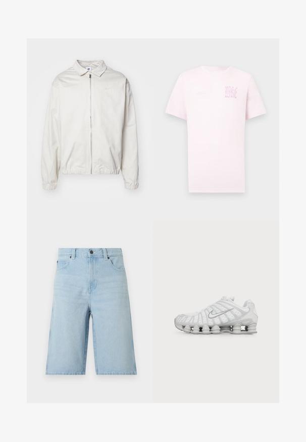 Chaqueta blanca y ligera de Nike con cuello tipo camisa, cremallera frontal, puños elásticos y un pequeño logotipo en el lado izquierdo del pecho. Textura suave.; Camiseta de manga corta en rosa claro con escote redondo y texto gótico desvaído "WKE" en el pecho superior izquierdo.; Shorts de mezclilla azul claro con botón delantero, cremallera, trabillas para cinturón y dos bolsillos frontales, exhibidos sobre un fondo liso.; Zapatilla de running blanca Nike con suela visible con amortiguación de aire y logo swoosh plateado en el lateral, mostrada desde el lado exterior.