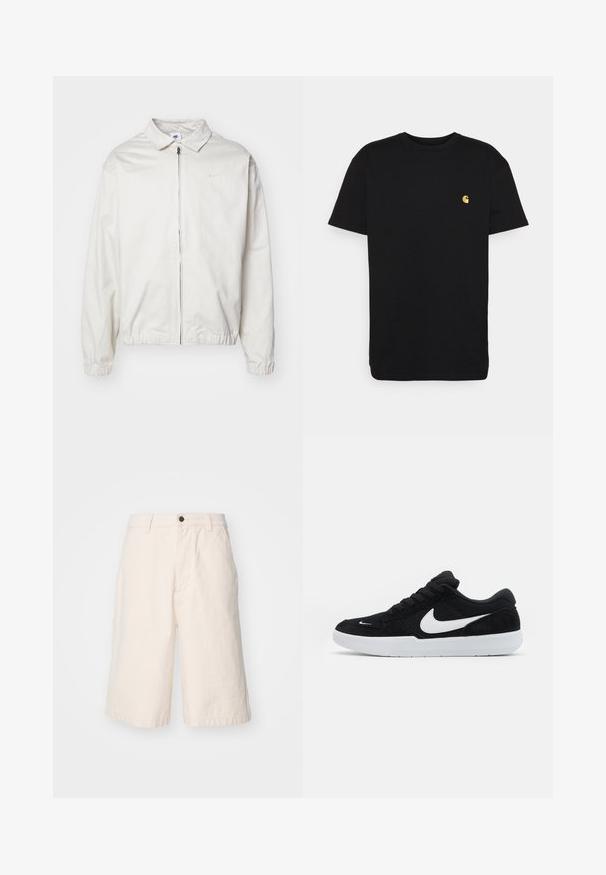 Biela, ľahká bunda Nike s golierom, predným zipsom, elastickými manžetami a malým logom na ľavej strane hrudníka. Hladká textúra.; Čierne bavlnené tričko s krátkymi rukávmi, okrúhlym výstrihom a malým žltým logom na ľavej strane hrude. Jednoduchý dizajn a bežný strih.; Svetlo béžové bavlnené šortky so rovnomerným strihom, s gombíkovým zapínaním, bočnými vreckami a lemom, ktorý končí tesne nad kolenom.; Čierne semišové tenisky s bielymi akcentmi, so zaoblenou špičkou, hrubou bielou podrážkou a čiernymi šnúrkami. Výrazné biele logo Nike na boku.