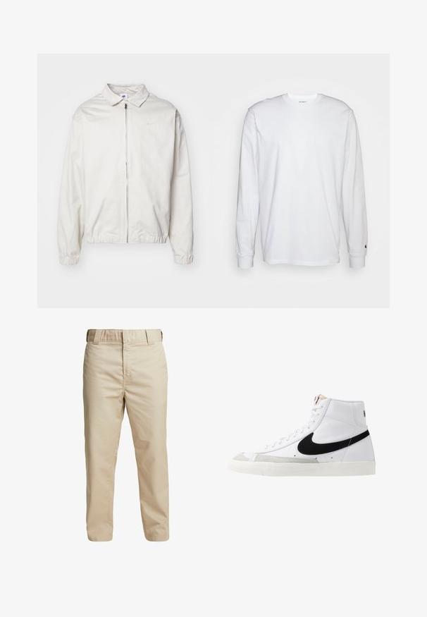 Biela, ľahká bunda Nike s golierom, predným zipsom, elastickými manžetami a malým logom na ľavej strane hrudníka. Hladká textúra.; Biela dlhá bavlnená tričko s dlhým rukávom. Dizajn s okrúhlym výstrihom a rebrovanými manžetami, malá nášivka na ľavom rukáve. Hladká textura.; Béžové bavlnené nohavice so slim fit, rovnými nohavicami a pútkami na opasok; hladká textúra a minimalistický dizajn bez viditeľných akcentov.; Biele vysoké tenisky s čiernym swooshom, textúrovanou šedou špičkou a plochou bielou podrážkou. Obsahujú šesť dierok na šnúrky a prešívané akcenty.