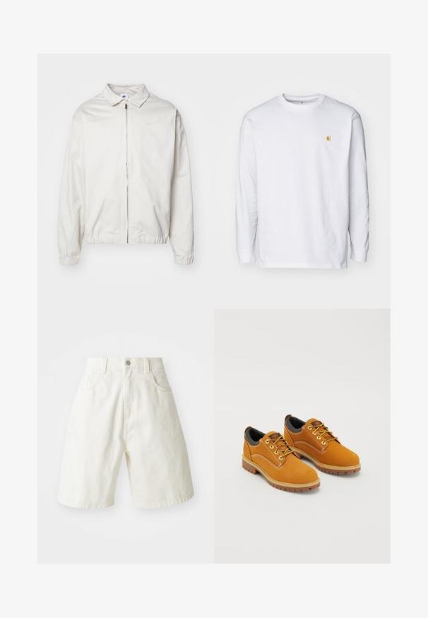 Biela, ľahká bunda Nike s golierom, predným zipsom, elastickými manžetami a malým logom na ľavej strane hrudníka. Hladká textúra.; Biely tričko s dlhým rukávom z bavlny. Na hrudi má malé zlaté logo a okrúhly výstrih. Jednoduchý dizajn a štandardný strih.; Biele džínsové šortky s uvoľneným strihom, majú pás, päť vreciek a rovné nohavice. Tkanina má jemnú štruktúru.; Hnedé semišové topánky s okrúhlou špičkou, žltými šnúrkami, polstrovaným čiernym golierom a gumovou podrážkou s trakčnými drážkami.