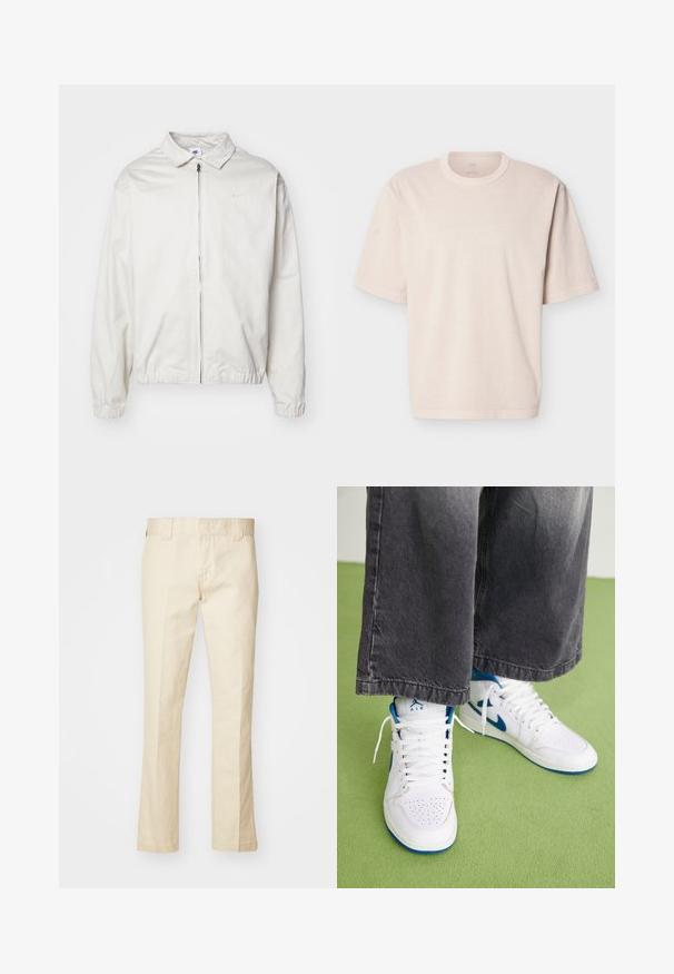 Biela, ľahká bunda Nike s golierom, predným zipsom, elastickými manžetami a malým logom na ľavej strane hrudníka. Hladká textúra.; Béžové široké tričko s krátkym rukávom, okrúhlym výstrihom a jednoduchým prešívaním, zobrazené na bielom pozadí.; Béžové bavlnené nohavice s rovný strihom, so zapínaním na zips, pútkami na opasok a vreckami. Hladká textúra s minimálnym detailom šitia.; Biele vysoké tenisky s modrými akcentmi, perforovanou špičkou a bielymi šnúrkami. Nosené s voľnými šedými džínsami na zelenej ploche.