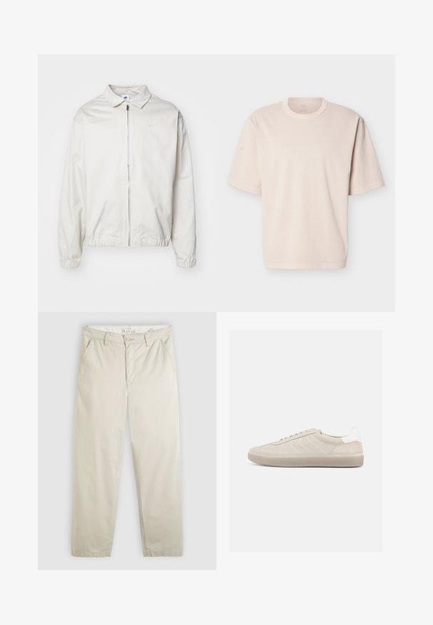 Hvid, letvægts Nike-jakke med kravehals, lynlås foran, elastiske ærmer og et lille logo på venstre bryst. Glat tekstur.; Beige oversized T-shirt med korte ærmer, rund hals og enkel syning, vist fladt på en hvid baggrund.; Lyst beige chinos med lige ben, forlommer, bæltestropper, knaplukning og lynlås, vist fladt på en hvid baggrund.; Beige ruskindssneaker med en tekstureret overdel, glat hvid hælkappe, tynde snørebånd og en gummi-ydersål. Har et lavt profil design.