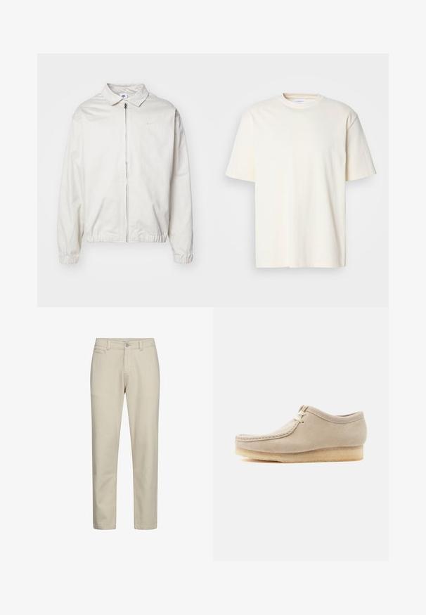 Hvid, letvægts Nike-jakke med kravehals, lynlås foran, elastiske ærmer og et lille logo på venstre bryst. Glat tekstur.; Lys off-white kortærmet T-shirt med rund hals, unisex design, præsenteret på en neutral grå baggrund.; Beige bukser med lige ben, knap- og lynlås-lukning, bæltestropper og forlommer.; Beige ruskind snørestøvle med crepesål, mokasinstil syning og lav ankeludformning isoleret på en lys baggrund.
