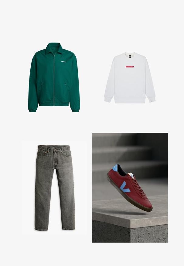 Vihreä kevyt vetoketjullinen takki, joka on valmistettu synteettisestä materiaalista. Ominaisuuksiin kuuluvat kauluksellinen kaula, elastiset hihansuut ja kaksi sivutaskua. Adidas-logo on läsnä.; Valkoinen collegepaita, jossa on resoratut hihansuut ja helmassa sekä keskellä punainen suorakaiteen muotoinen kirjailtu logo, jossa lukee "QUIKSILVER".; Vihreät farkut suoran lahkeen muotoilulla, klassinen viisi-taskumalli ja hienovarainen ompelu yksityiskohtina saumoissa ja taskuissa.; Punainen lenkkikenkä, jossa sininen "V"-logo ja kantakuvio, ruskea pohja, roikkuu harmaan betonireunan yläpuolella, taustalla portaat.