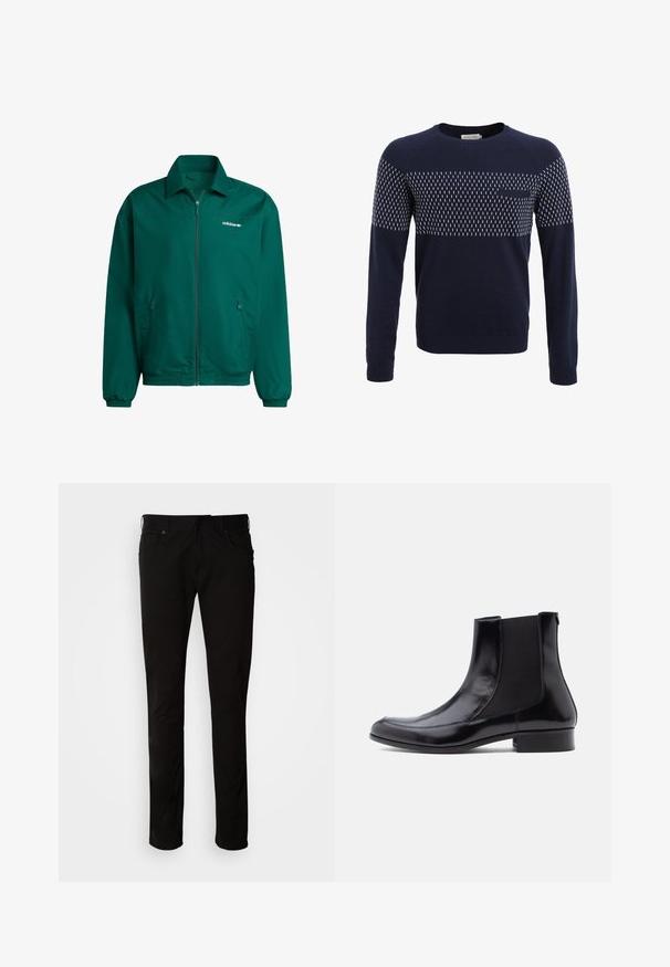 Zelená ľahká zapínacia bunda vyrobená z syntetického materiálu. Obsahuje golier, elastické manžety a dve bočné vrecká. Logo Adidas je prítomné.; Námořnická modrá mikina s žebrovaným výstřihem a manžetami. Má geometrický bílý vzor přes horní část hrudníku a malou přední kapsu.; Čierne nohavice s rovnými nohavicami vyrobené z bavlnenej zmesi. Obsahujú predné vrecká, pútka na opasok a klasické zapínanie na zips.; Čierne kožené členkové topánky s elastickými bočnými panelmi, hladkou textúrou, zaokrúhlenou špičkou a nízkym blokovým podpätkom. Jednoduchý, elegantný dizajn s minimálnym šitím.