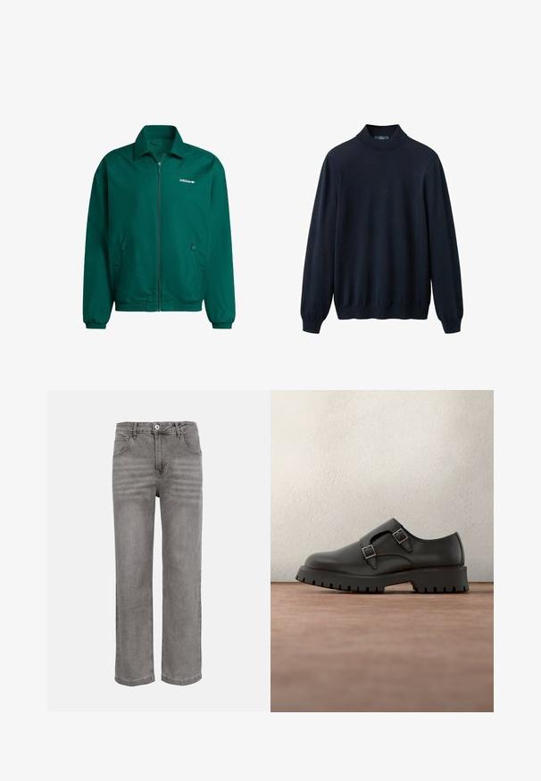 Vihreä kevyt vetoketjullinen takki, joka on valmistettu synteettisestä materiaalista. Ominaisuuksiin kuuluvat kauluksellinen kaula, elastiset hihansuut ja kaksi sivutaskua. Adidas-logo on läsnä.; Laivastonsininen villapusero, jossa on korkea kaulus, pitkät hihat sekä resorit hihansuissa ja helmassa; valmistettu sileästä, joustavasta kankaasta.; Suorat harmaat farkut, joissa on eteen kiinnitettävä nappi ja vetoketjusuljenta, vyölenkit ja kaksi etutaskua.; Musta nahkakenkä, jossa on kaksinkertaiset solkisangat, pyöristetty kärki ja kuvioitu, paksu kumipohja. Minimalistinen muotoilu, jossa on kontrastivärinen sininen sisäpuoli.