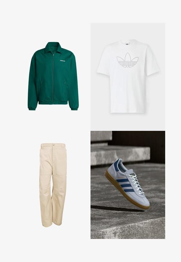 Grüne, leichte Zip-Jacke aus synthetischem Material. Sie verfügt über einen Kragen, elastische Bündchen und zwei Seitentaschen. Adidas-Logo vorhanden.; Weißes Baumwoll-T-Shirt mit schwarzem gepunktetem Umriss eines Trefoil-Logos auf der Vorderseite. Kurze Ärmel und Rundhalsausschnitt.; Beige Baumwollhosen mit lockerer Passform, ausgestattet mit Knopfverschluss, Gürtelschlaufen, Seitentaschen und einer glatten Textur.; Hellblauer Adidas Spezial Sneaker mit dunkelblauen Streifen und Gummisohle, in der Luft über Betontreppen in neutralem Außenbereich gezeigt.