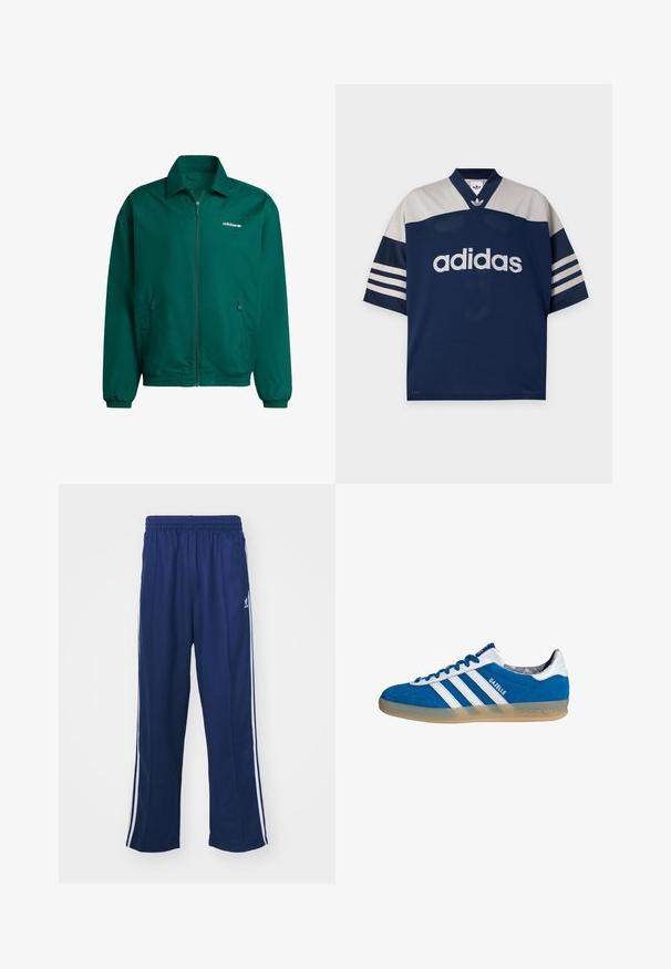 Grøn letvægts zip-jakke lavet af syntetisk materiale. Har en krave, elastiske manchetter og to sidelommer. Adidas-logo til stede.; Marineblå og lysegrå Adidas sportstrøje med korte ærmer, hvid Adidas-logo centreret foran og tre hvide striber på ærmerne.; Marineblå sportbukser med en afslappet pasform, udstyret med hvide sidestativer og elastisk talje. Glat stof, ingen synlige mønstre eller hardware.; Blå og hvide Adidas Gazelle sneaker med gummisål og tre hvide striber, set fra siden på en hvid baggrund.