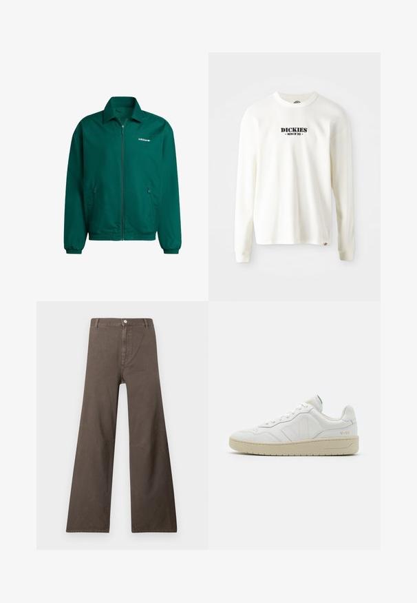 Roheline kergest sünteetilisest materjalist piisakutega jakk. Omab kraega kaelaosa, elastseid mansette ja kahte külge taskut. Adidas'i logo on kohal.; Valge pika varrukaga ribakanga sweatshirt musta "DICKIES" logoga, mille all on kirjas "SINCE '22", ümar kaelus ja mansettidega varrukad.; Pruunid laiad püksid kõrge vöökoha, nööbikinnituse, vöödega ja nähtavate õmblustega jalgadel.; Valged nahast spordijalatsid tekstuurse viimistlusega ja pehmendatud kaelusega. Omab beeži kummist tallat ja diskreetset brändingut kandade ja külgede peal.