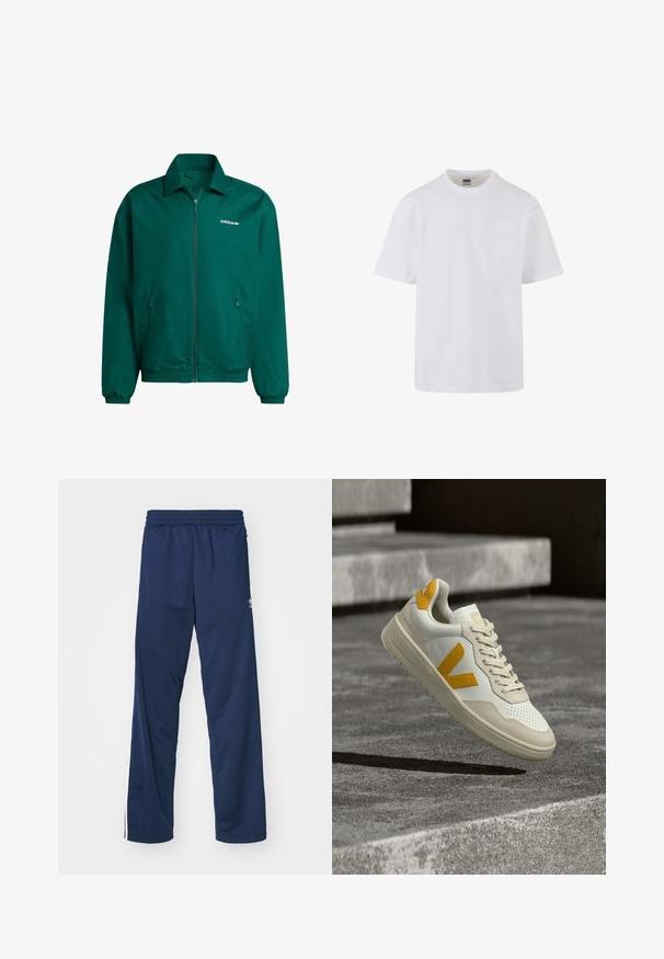 Vihreä kevyt vetoketjullinen takki, joka on valmistettu synteettisestä materiaalista. Ominaisuuksiin kuuluvat kauluksellinen kaula, elastiset hihansuut ja kaksi sivutaskua. Adidas-logo on läsnä.; Valkoinen lyhythihainen t-paita, joka on valmistettu puuvillasta. Paidassa on pyöreä pääntie ja vasemmalla rinnan puolella yksi tasku.; Navy sininen urheiluhousut, joissa on joustava vyötärö, valkoiset sivuraidat ja logo-akcentti vasemmassa reidessä.; Valkoinen ja beige lenkkarit, joissa on keltaisia yksityiskohtia ja "V"-logo, roikkuvat teksturoidun harmaan kivipinnan yläpuolella, taustalla betoniset portaat.