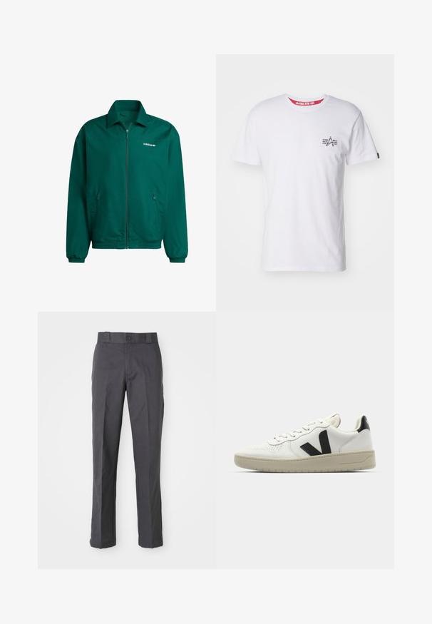 Grøn letvægts zip-jakke lavet af syntetisk materiale. Har en krave, elastiske manchetter og to sidelommer. Adidas-logo til stede.; Hvid bomulds T-shirt med et lille grafik på venstre bryst, rund halsudskæring og korte ærmer, med rød indvendig labeldetalje.; Mørkegrå bukser lavet af bomuldsblanding, der har et lige ben-design, frontlommer og en knaplukning i taljen.; Hvide lædersneakers med sort V-logo, perforeret tå, cremet gummisål, flade snørebånd og minimalistisk design.