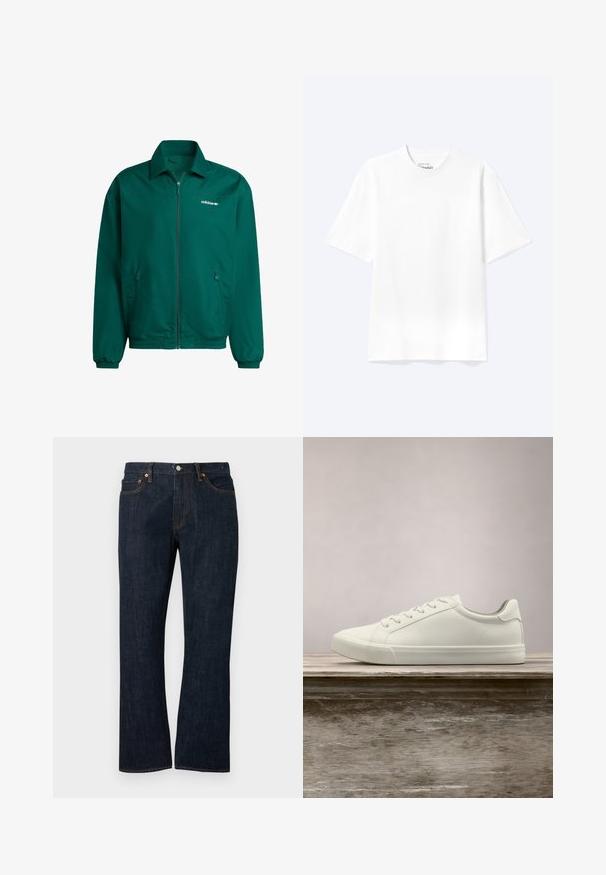 Grøn letvægts zip-jakke lavet af syntetisk materiale. Har en krave, elastiske manchetter og to sidelommer. Adidas-logo til stede.; Enkel hvid T-shirt med korte ærmer og rund hals med afslappet pasform, vist på en lys baggrund.; Mørkeblå straight-leg cowboybukser med forlommer, kobbernitter og knaplukning.; Hvide snørresneakers svævende over en træbænk med grønne planter i baggrunden, der fremhæver skodesign og tekstur.