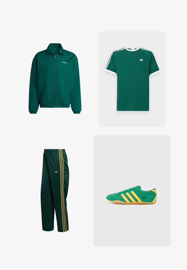 Roheline kergest sünteetilisest materjalist piisakutega jakk. Omab kraega kaelaosa, elastseid mansette ja kahte külge taskut. Adidas'i logo on kohal.; Roheline puuvillane T-särk valgete aktsentidega, lühikeste varrukatega, ümmarguse kaelusega ning iga õla peal kolm valget triipu. Väike logo rinnal.; Roheliste triipudega spordipüksid, mis on valmistatud siledast materjalist, kollaste küljetriipude ja esiküljel oleva väikesel logoga. Varustatud tõmblukuga taskuga.; Rohelised tekstiilsest materjalist tossud kollaste aksentide ja kolme triibuga, millel on siksakmuster ja kummist pruun tald.