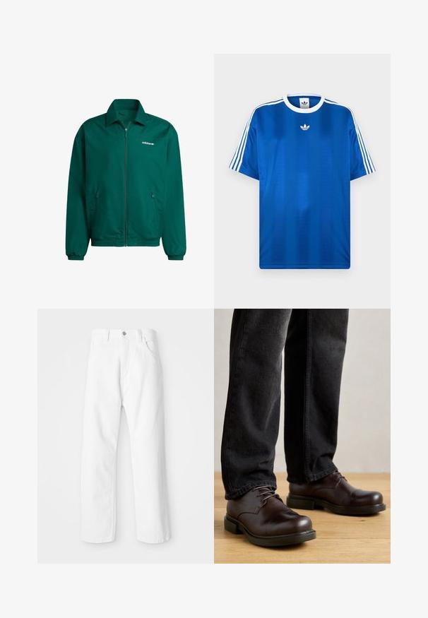 Roheline kergest sünteetilisest materjalist piisakutega jakk. Omab kraega kaelaosa, elastseid mansette ja kahte külge taskut. Adidas'i logo on kohal.; Kuninglik sinine spordisärk, valmistatud siledast kangast, mille varrukatel on valged triibud ja rinnal väike valge logo.; Valged teksapüksid sirge lõikega, millel on esi jaoks nupp ja tõmblukk, viis taskut ning puhas, tekstuuriga viimistlus.; Pruunid nahast kingad ümarate varvastega, nööridega mudel ja tumesinine kummist tallaga, kombineeritud tumedate teksapükstega.