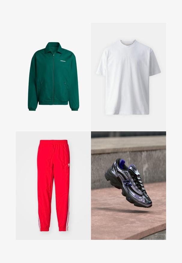 Grüne, leichte Zip-Jacke aus synthetischem Material. Sie verfügt über einen Kragen, elastische Bündchen und zwei Seitentaschen. Adidas-Logo vorhanden.; Kurzarm-weißt T-Shirt aus Baumwolle mit rundem Ausschnitt und gesticktem "GUESS JEANS"-Logo in der Mitte.; Rote Sporthose mit elastischem Bund, weißen gestreiften Akzenten an den Seiten und einem kleinen weißen Logo am linken Oberschenkel.; Schwarzer und lila New Balance 1000 Sneaker in der Luft über einer Betonfläche mit unscharfem Steinmauer-Hintergrund.